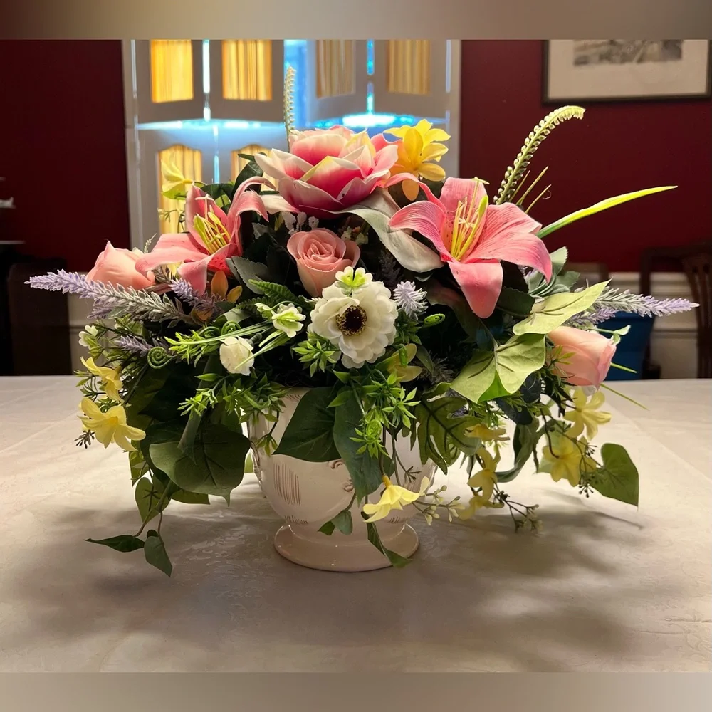 Elegant Faux Floral Centerpiece in Cream Vase